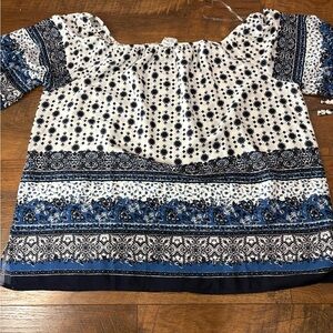 Naïf plus paisley Blue and White Boho Off-Shoulder Women's Top 2x